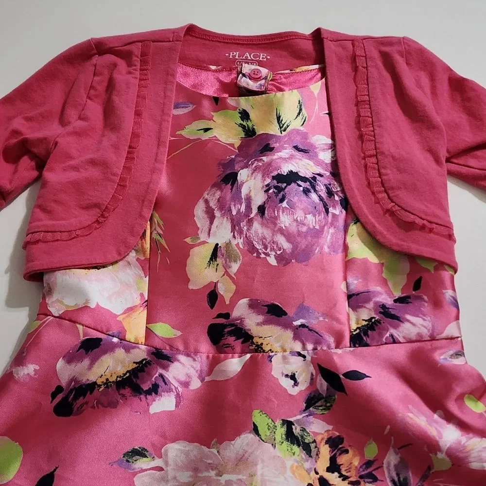 Girls Elegant Floral Magenta Pleated Easter Dress Cardigan & Headband Set Size 6